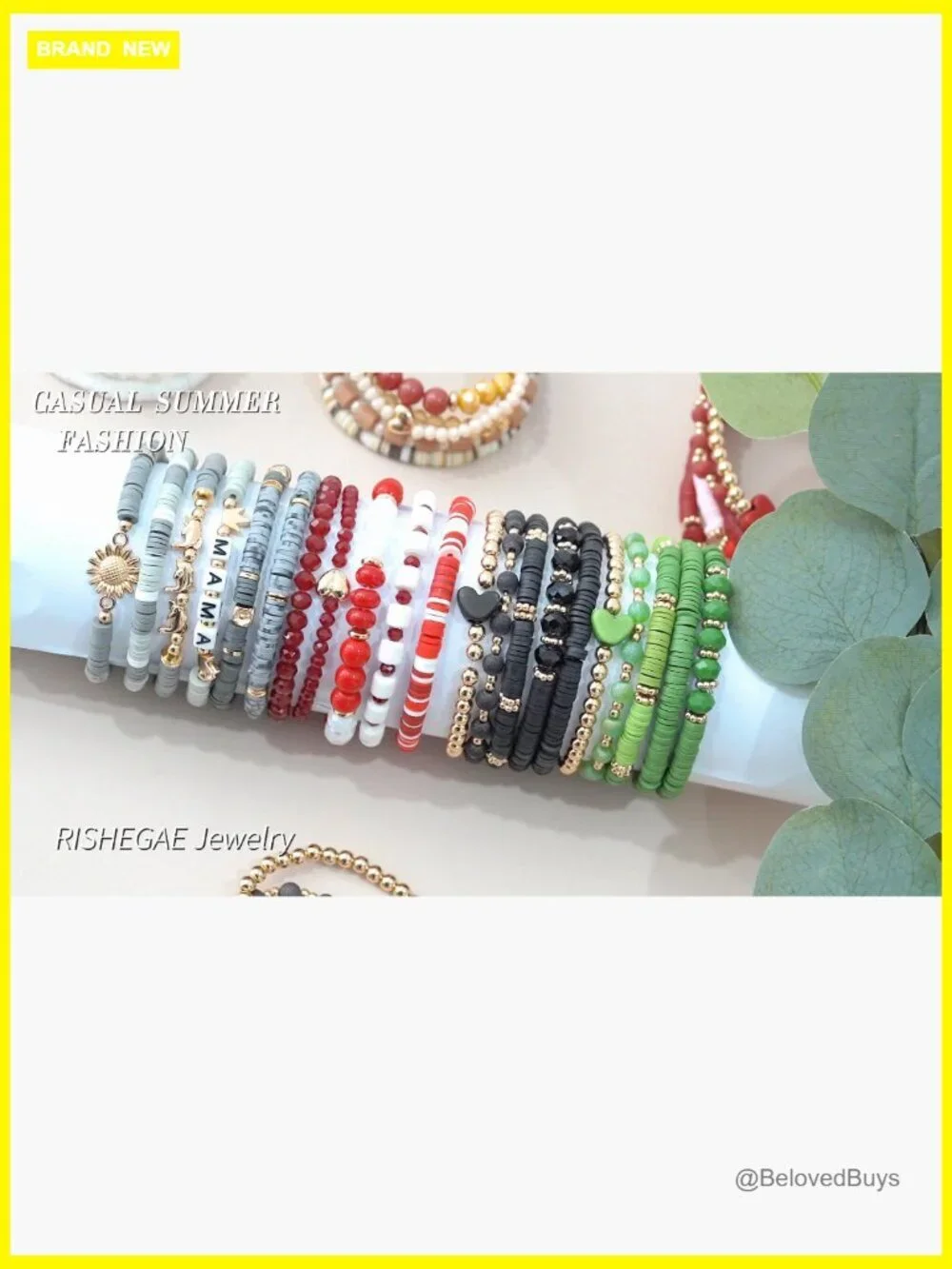 Polymer Clay Heishi Beaded Stretch Bracelet Stackable Boho Summer Jewelry Set